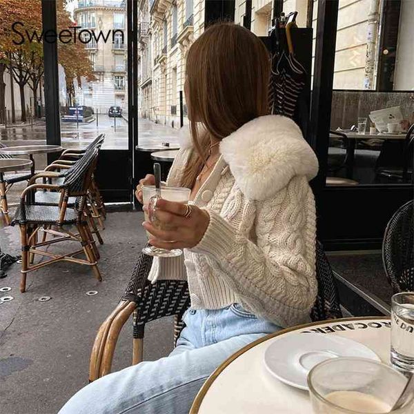 

sweetown geometric pattern knit lady cardigan with fur trim collar long sleeve autumn winter sweaters female 90s knitwear e-girl, White;black