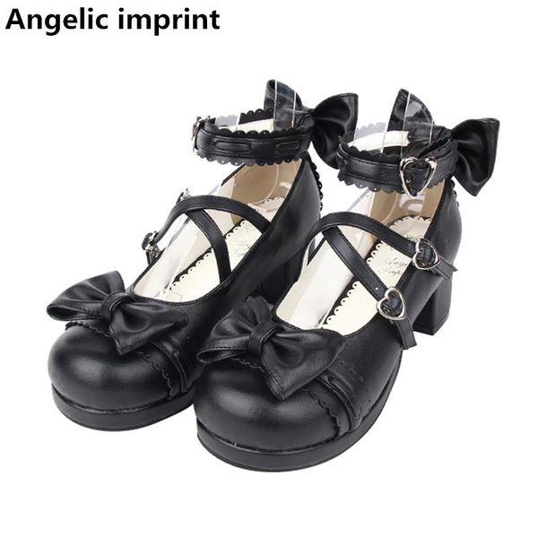 

angelic imprint woman mori girl lolita cosplay shoes lady mid thin heels pumps women princess dress lacework bowtie 33-47, Black