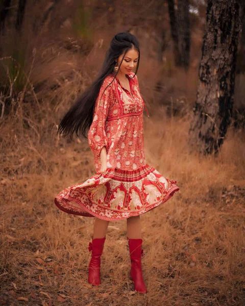 

a line boho dress v-neck long sleeve red floral print rayon women loose gypsy dresses beach wear chic vestido, Black;gray