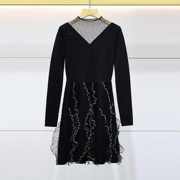 

casual dresses autumn winter lady party official occasion black knitted dress mesh patchwork ruffles slim fitting robe vestido elegant, Black;gray