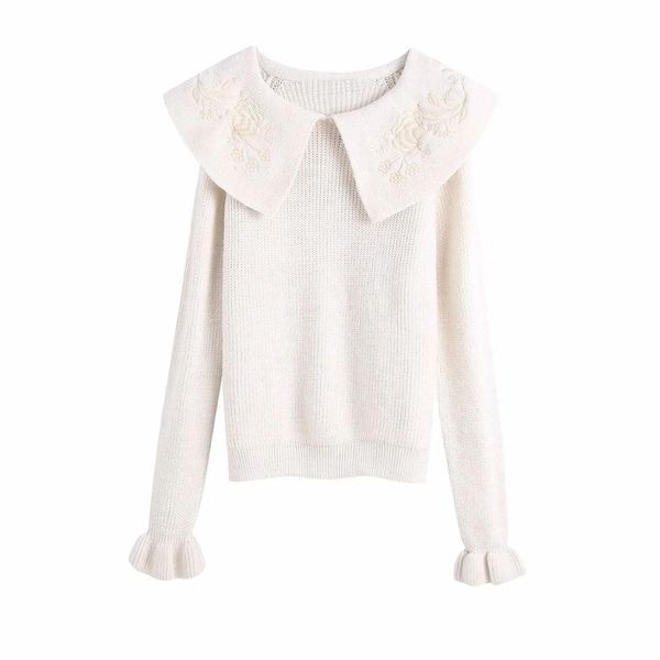

autumn winter women knit sweater embroidery peter pan collar long sleeves pullover casual fashion 210420, White;black