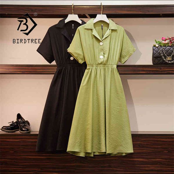 

summer women vintage plus size solid midi dress button short sleeve v neck elegant korean elastic high waist dresses d14604x 210419, Black;gray