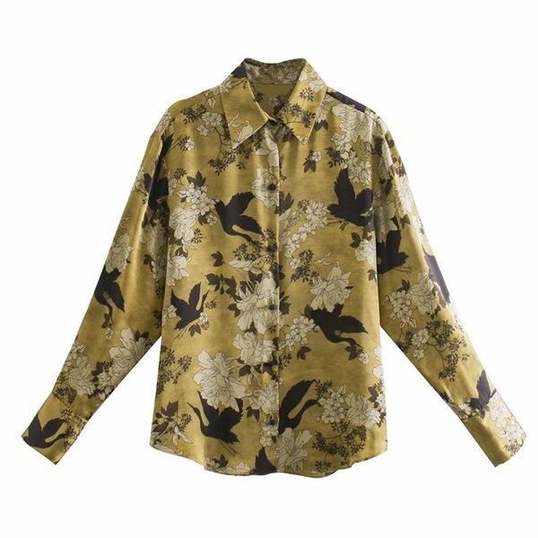 

crane and peony print satin shirt office lady retro women casual long sleeve v-neck ruffles blouse elegant boho fl 210524, White