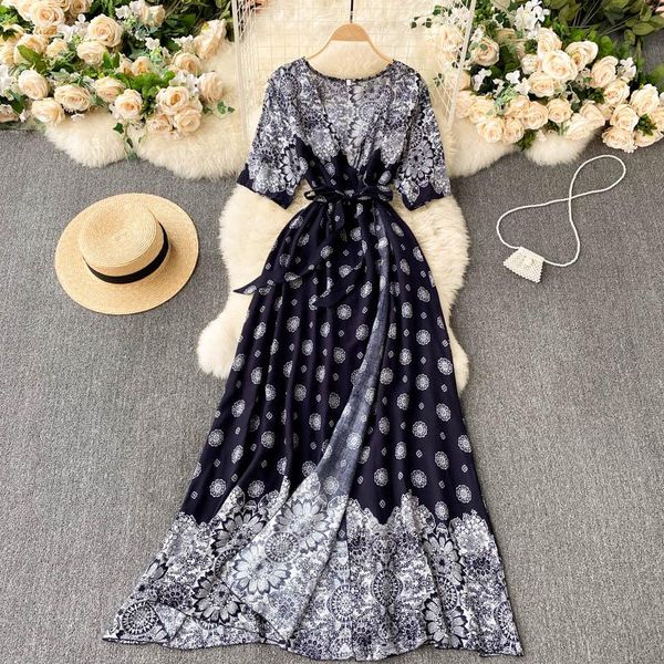 

casual dresses singreiny women retro print wrap dress v neck short sleeve belt a-line summer korean fashion bohemian beach long, Black;gray