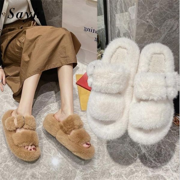 

winter 5cm wedge slippers women warm faux fur mules heels open toe casual sandals outdoor cotton shoes size, Black
