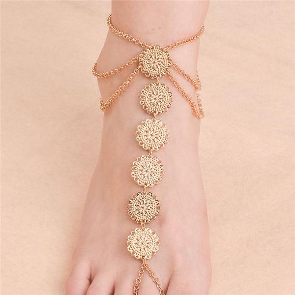 

anklets beach barefoot sandals chain foot jewelry for women bohemian gold color round flower ankle bracelet gift 1pcs, Red;blue