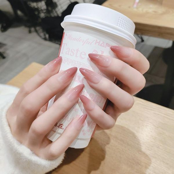 

24pcs/box mid-length stiletto nail tips gradients wear full cover paragraph fashion manicure patch false fingernails for girls nails, Red;gold