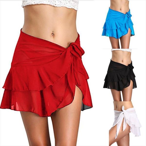

summer chiffon beach cover up womens skirts sarong wear ruffle wrap short, Black