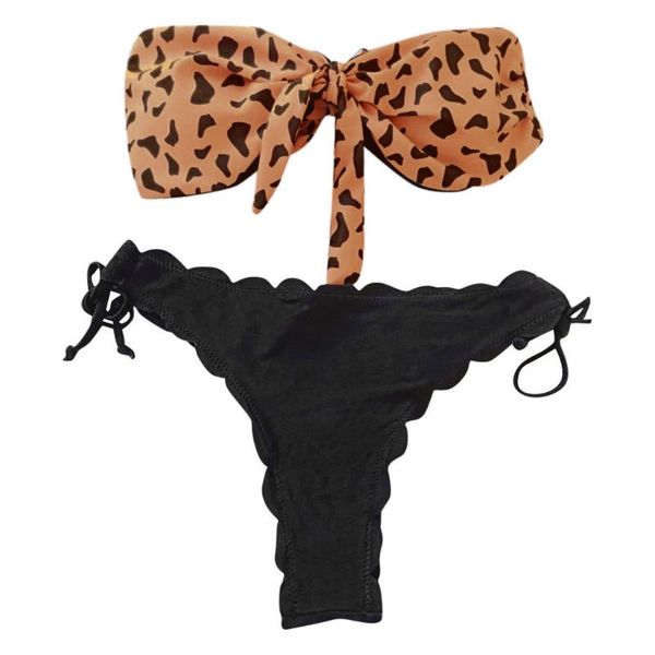 

women's swimwear beach bikini woman front lace up tie strapless leopard swimsuit female push ruffled bow bathing suit thong, White;black
