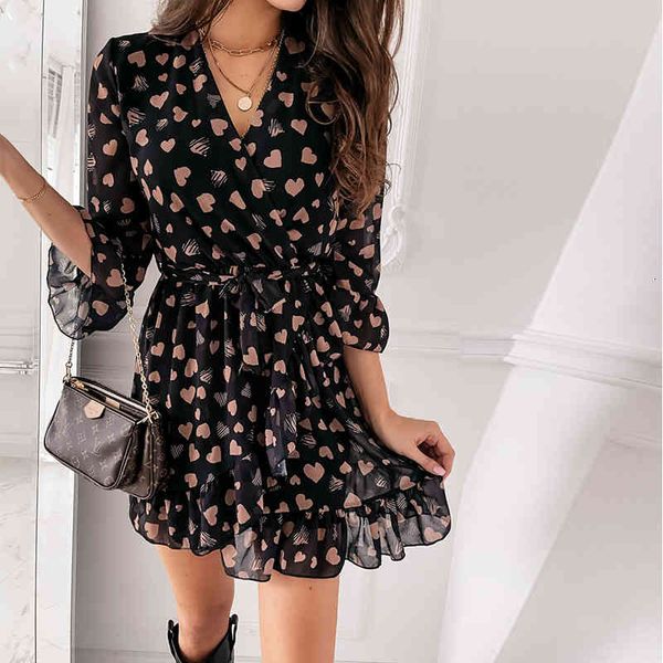 

casual dresses women v neck flare sleeve print 2021 spring three quarter office female a line ruffles party vestidos arqw, Black;gray