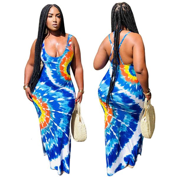 

big size xl-5xl women tie-dye holiday beach wear female's square collar sleeveless ny bodycon floor-length es, Black;gray