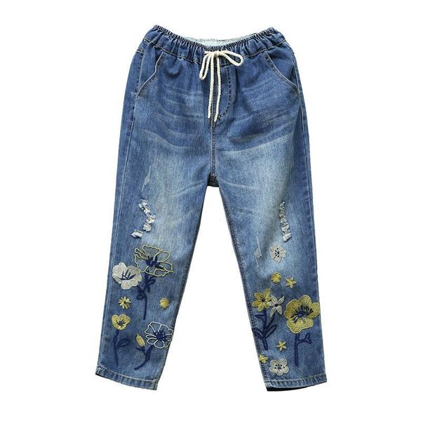 

capris high waist denim womens jean pant summner vintage loose ripped hole midweight embroidery pantalon femme plus size, Blue