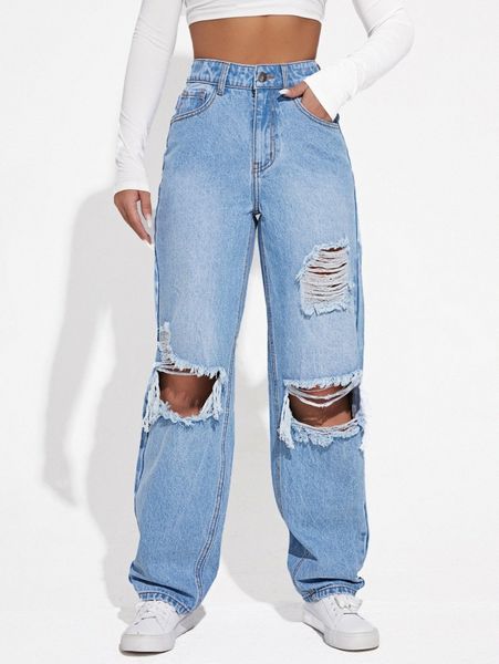 

high waist bleach wash cut out ripped frayed jeans m8yz#, Blue