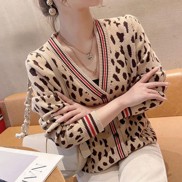 

women's knits & tees 2021female cardigan knitted or crocheted, long sleeve striped, turtleneck v, leopard, vintage clothing, White
