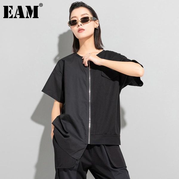 

women's t-shirt [eam] women black zipper irregular big size casual round neck short sleeve fashion tide spring summer 2021 1de0983, White