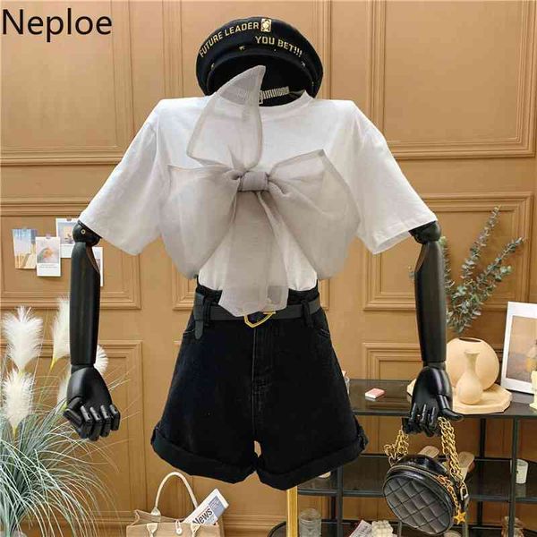 

neploe women t shirts cotton white short sleeve o neck tees summer bow patchwork loose female fashion casual clothing 210422