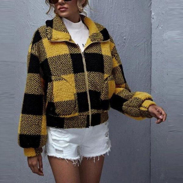 

women's jackets 2021 women autumn winter casual art stitching plaid jacket fashion streetwear zipper pocket coat retro lapel fluffy car, Black;brown