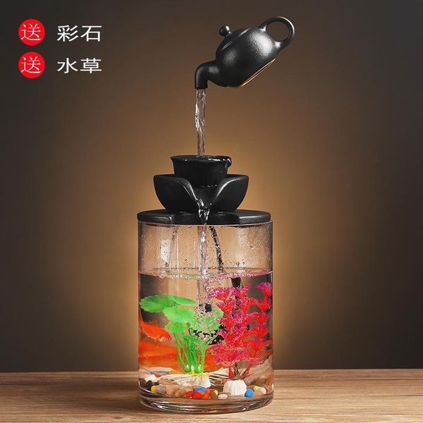 

aquariums creative chinese style water fountain fish tank glass bowl small landscape deskaquarium decoration mini