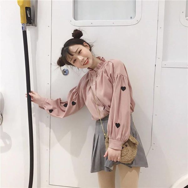 

women's blouses & shirts 2021 women fashion puff sleeve female shirt heart embroidery korean clothes blouse white pink