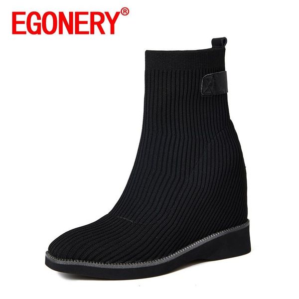 

boots egonery women winter style leisure slope heel ankle ventilation solid color office lady concise comfortable soft, Black