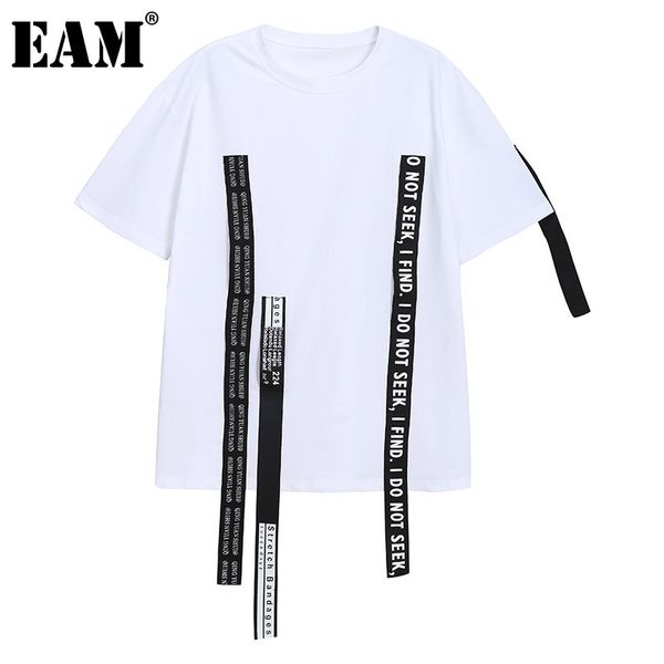 

[eam] women black big size casual spliced ribbon t-shirt round neck short sleeve fashion spring summer 1dd8569 21512, White