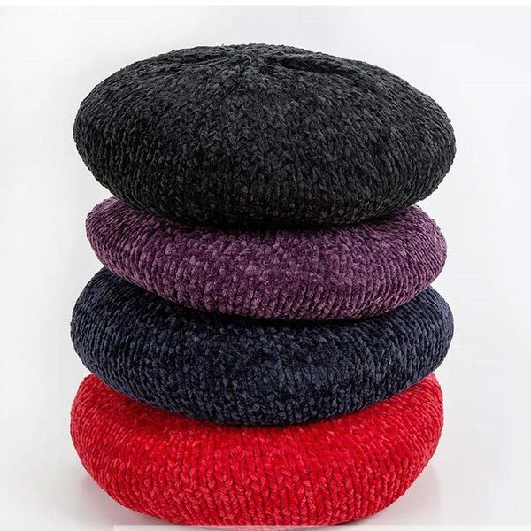 

berets autumn winter chenille knitted beret for women girls fashion lady soft casual warm beanie painter hat spring fall octagonal cap, Blue;gray