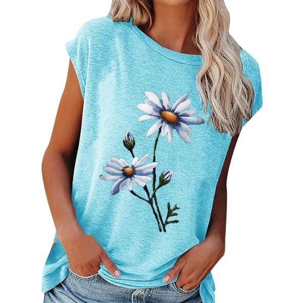 

women's t-shirt 2021 summer tee shirt women round neck short sleeve casual flower print vintage pullover female elegant streetwear t-s, White