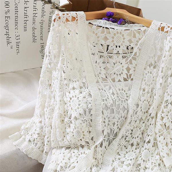 

hollow out crochet lace womens sweater kimono cardigan v neck open stitch casual elegant blouse spring summer beach cardigans, White;black