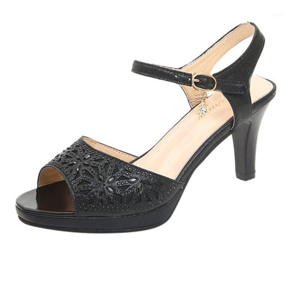 

women peep toe thick sandals fashion wild hollow carved mid-heel shoes spring british wind thin heel for travel apr 251, Black