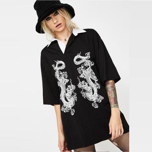 

women's t-shirt gothic women 2021 half sleeve solid v-neck fashion dragon print clothes vintage streetwear black ladies shirt, White