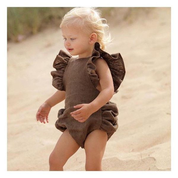 

rompers born cute baby girls solid color romper ruffle cotton jumpsuit outfit sunsuit 0-24m, Blue