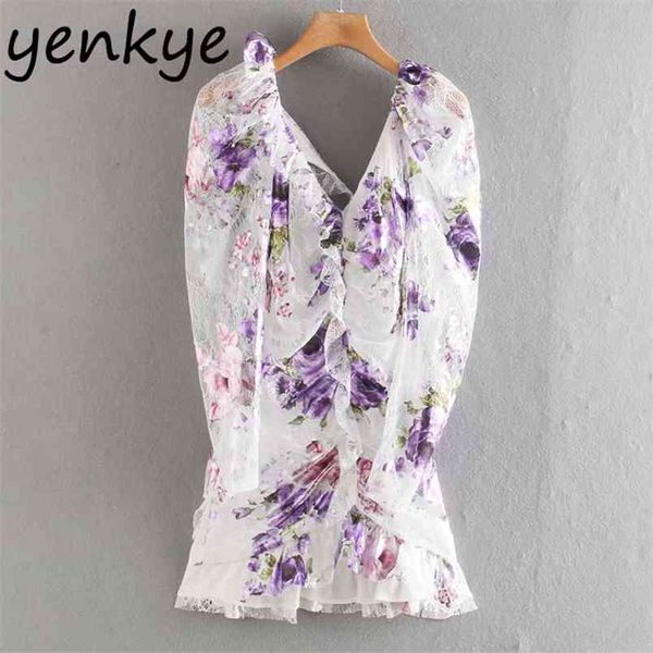 

romantic floral print lace dress women backless long sleeve v neck ruffle bodycon mini summer party vestidos xngc9694 210514, Black;gray