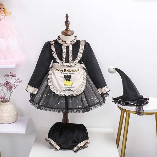 Bahar Bebek Kız İspanya Nakış Elbise Çocuk Vintage Lolita Prenses Balo Toddler Kız Hizmetçi Elbiseler Önlükleri + Şapka 210615