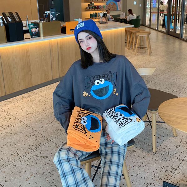 

round neck spring cartoon letter printed sweater loose chaoqiu top, Black