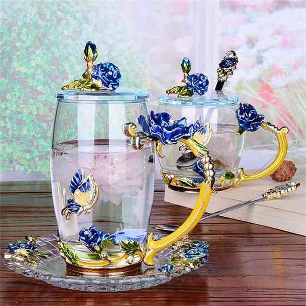 Creative Blue Rose Enamel Crystal Cheap чашка кофе кружка бабочка роза окрашена цветочная вода чашки чистые стакан с ложкой 210804