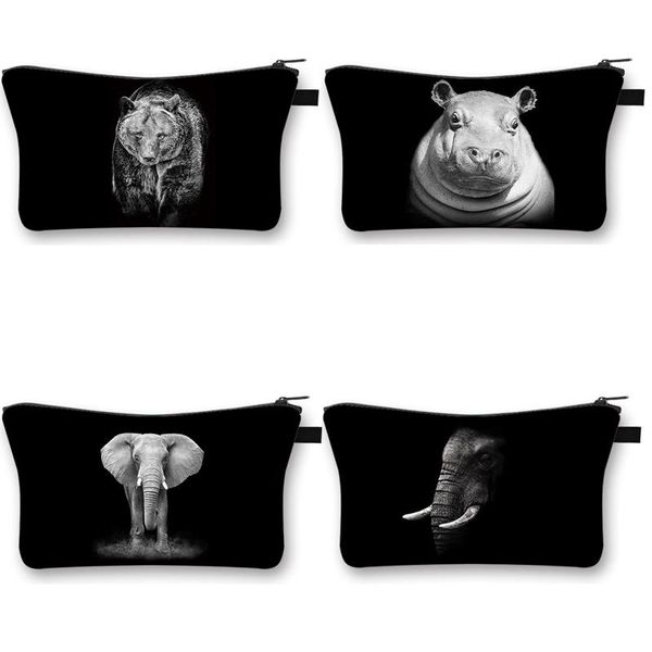 

black white animals women makeup bag hippopotamus elephants pattern travel organizer toiletry cosmetic bags & cases
