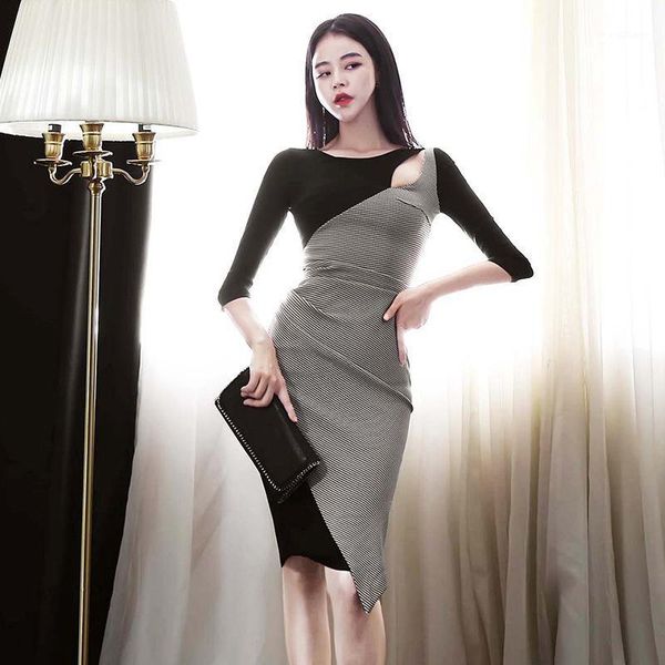 

casual dresses fashion arrival hollow out party dress temperamental personality elegant patchwork asymmetrical, Black;gray