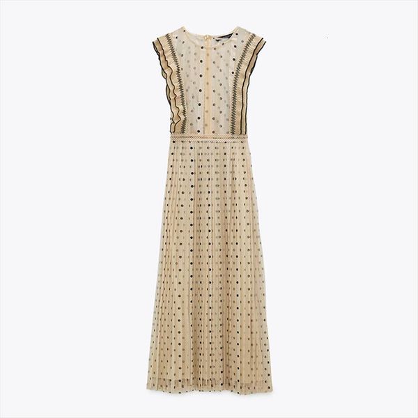 

color polka dot printed womens dress chic style see through summer sleeveless lace pleated round neck slim fit, Black;gray