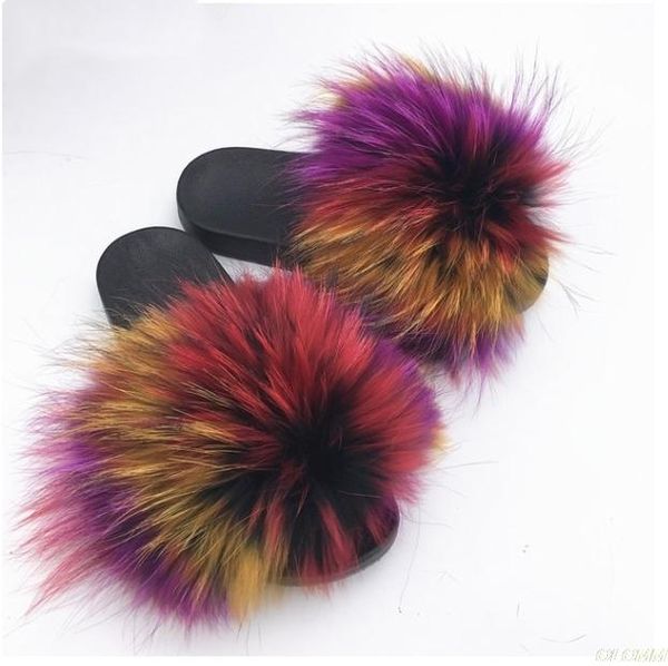 

summer ladies colorful fur fluffy slippers women's lovely plush real hair slides party furry flip flops sandals, Black