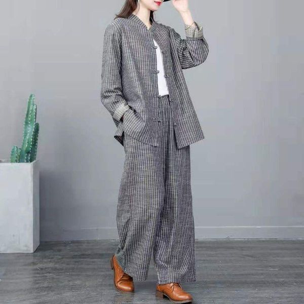 

women's jackets cotton linen set retro literature art loose large size womens striped long-sleeved jacket trousers 2 piece suit autumn, Black;brown