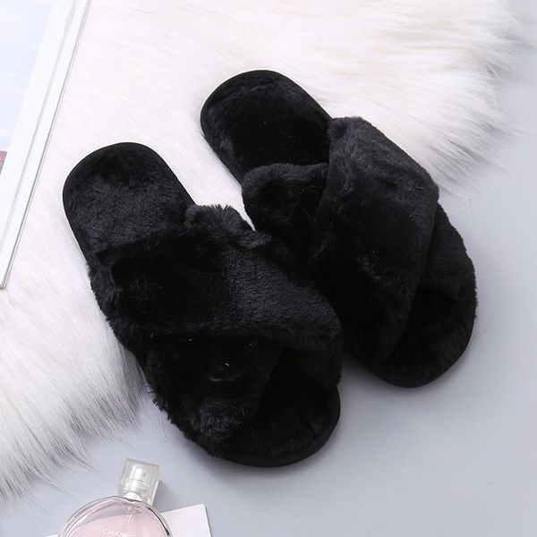

slippers winter women home with faux fur fashion warm shoes woman slip on flats female slides black pink plus size 41