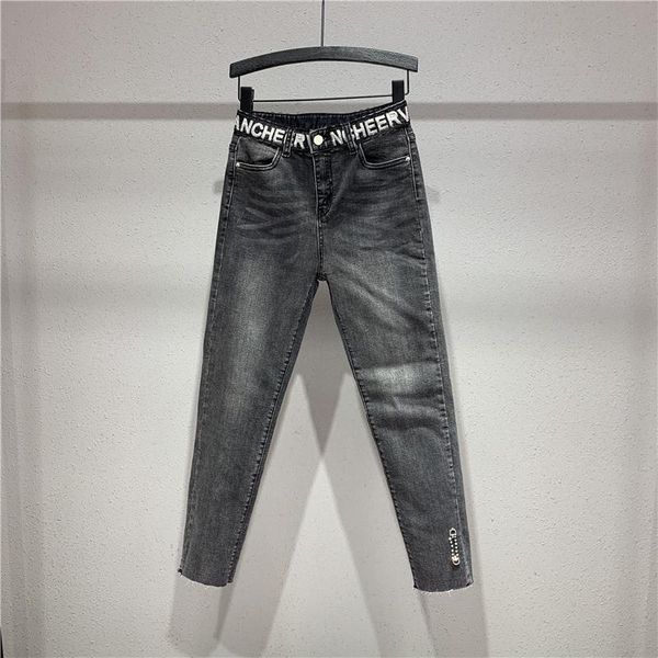 

women's jeans brand women high waist skinny fashion black hole vintage girls washed letters on denim pencil pants, Blue