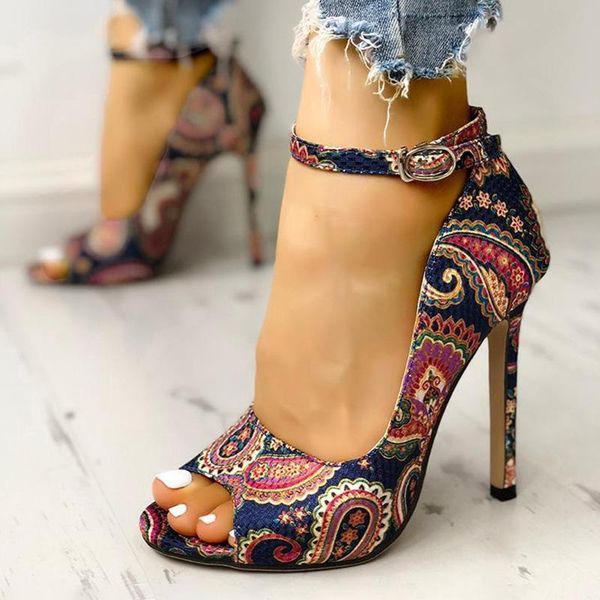 

dress shoes summer sandals women peep toe print flower ankle t- strap thin high heels female fashion ladies stilettos 2021, Black