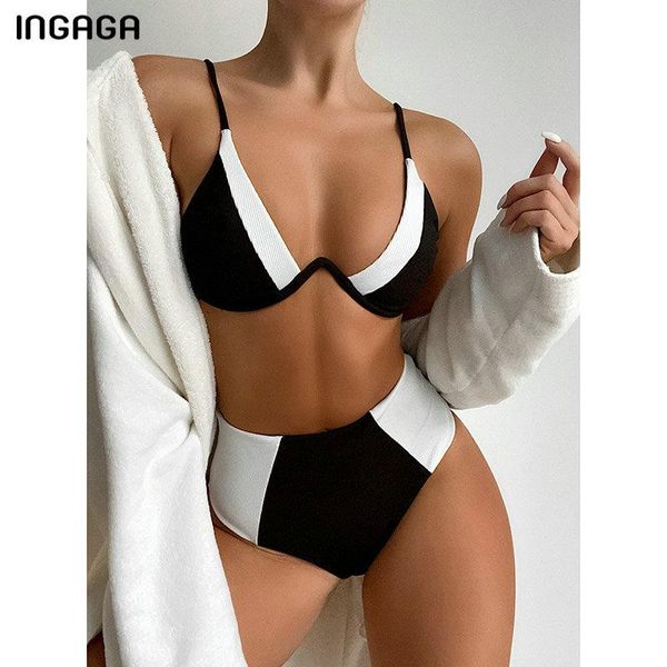 

women's swimwear ingaga high waist swimsuits bikini 2021 push up women ribbed biquini bathing suits patchwork set, White;black