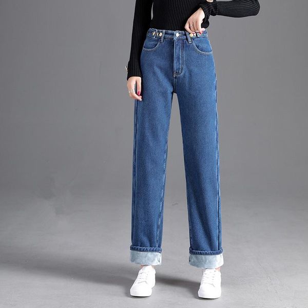 

jeans women winter warm straight fleeces thick denim trousers loose blue casual pants female jean black pant p9508 women's