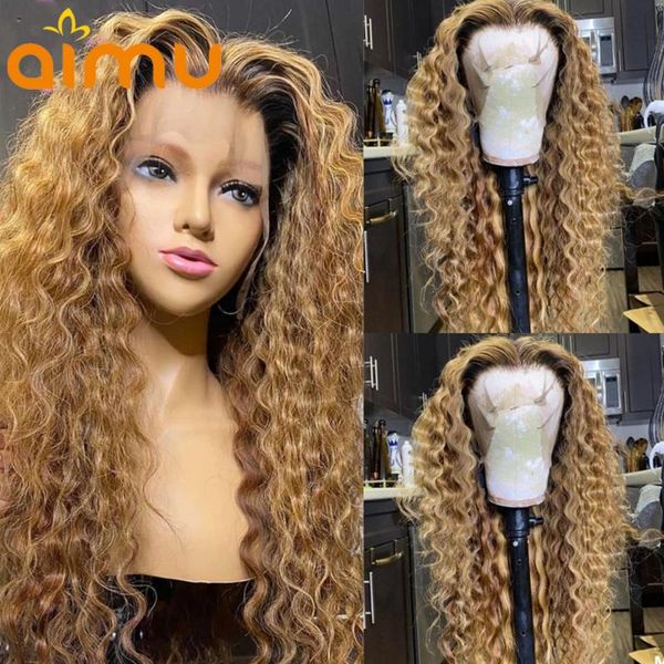 

lace wigs curly ombre honey blonde 13x6 frontal wig glueless 150 hd transparent human hair front pre plucked loose wave, Black;brown