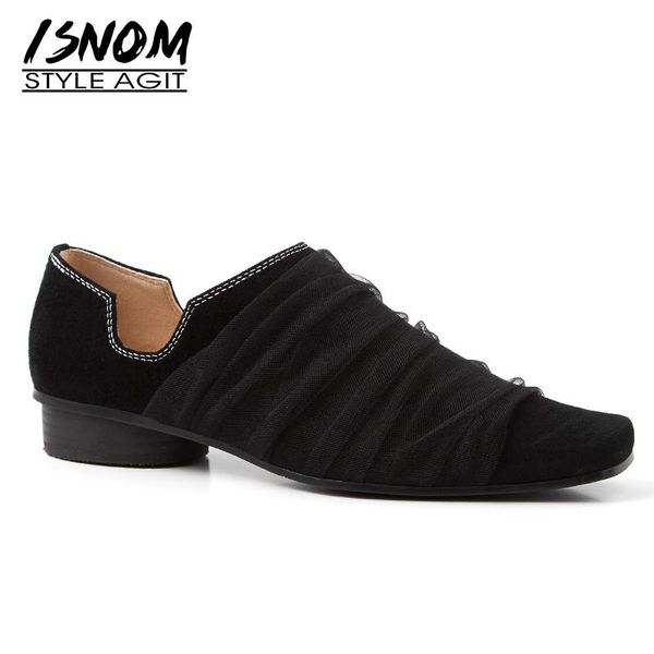 

dress shoes isnom mesh pleated women pumps square toe footwear med round heels kid suede fashion casual woman 2021 spring, Black