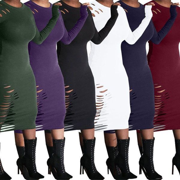 

casual dresses 2021 autumn winter dress for women fashion punk style sheath streetwear solid color round neck long sleeve hole pullover, Black;gray