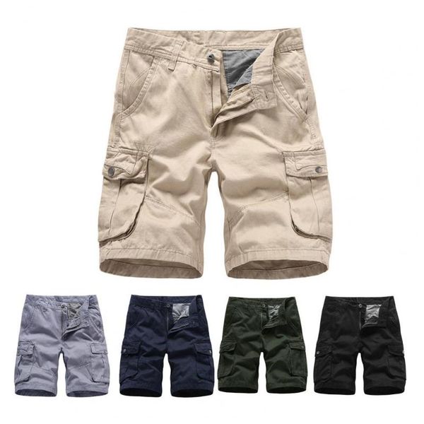 

men shorts solid color multi pockets cotton blend mid rise loose knee-length trousers pants for summer men's, White;black