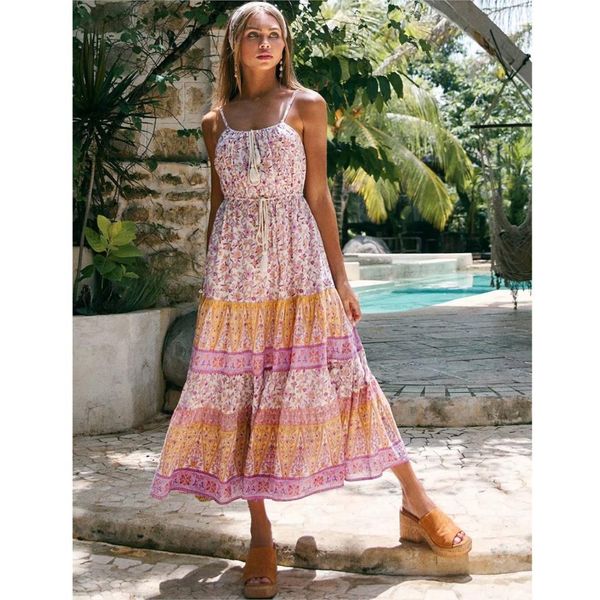 Jastie Bohemian Style Strappy Maxi Dress Nappa Vita Abiti lunghi casual Stampa floreale Abito donna Abiti estivi Boho Beach 210419